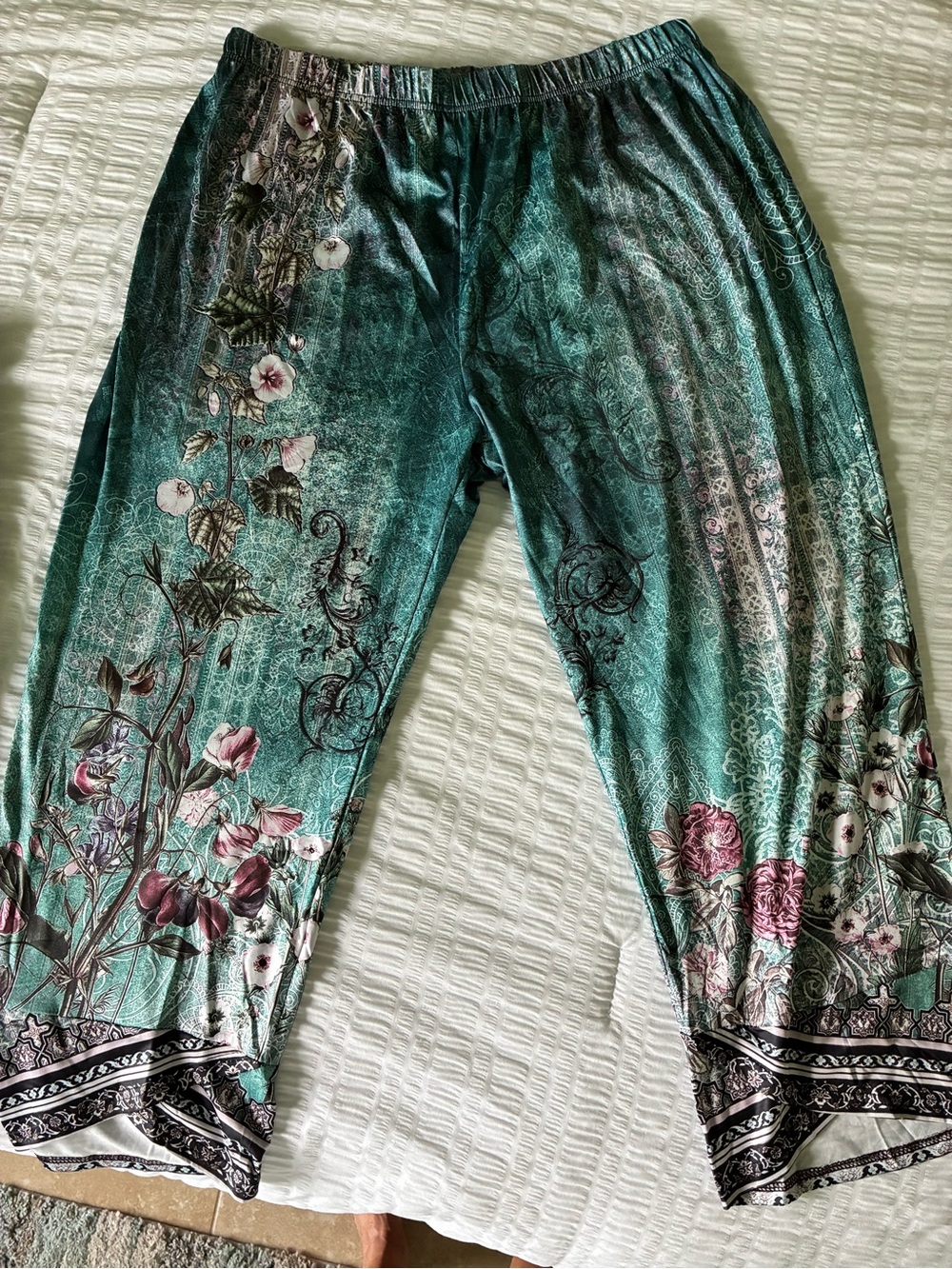 Teal Floral Wide-Leg Pants with Elastic Waist